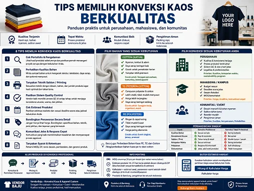 Tips Memilih Pabrik Konveksi B2B untuk Seragam Perusahaan dan Event — Checklist dan kriteria memilih pabrik konveksi B2B untuk seragam perusahaan: MOQ, sample, QC, dan perbedaan konveksi …