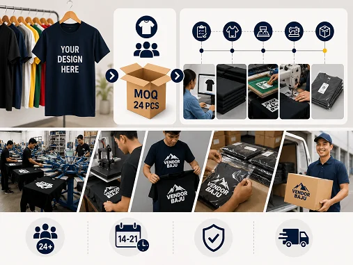 Berapa MOQ Konveksi Kaos? Panduan Order untuk Perusahaan & Event — MOQ konveksi kaos umumnya mulai dari 24 pcs per desain, tetapi jumlah minimum bisa berbeda tergantung bahan, teknik s…