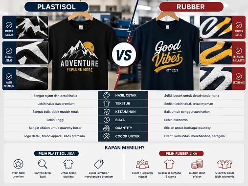 Sablon Plastisol vs Rubber: Mana Cocok untuk Kaos Custom? — Sablon Plastisol dan rubber sama-sama populer untuk produksi kaos custom. Pilihan terbaik bergantung pada desain, bud…