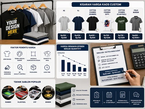 Harga Kaos Custom untuk Perusahaan: Cara Menghitung Estimasi yang Realistis — Harga kaos custom tidak hanya ditentukan oleh bahan atau jumlah pesanan. Procurement perlu memahami pengaruh MOQ, tek…