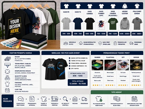 Harga Print Baju 2026: Cara Membandingkan Biaya Sebelum Order — Harga print baju dipengaruhi bahan, quantity, teknik cetak, finishing, dan timeline produksi. Memahami variabel ini m…
