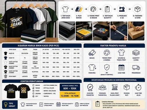 Harga Bikin Kaos 2026: Checklist Estimasi untuk Procurement — Harga bikin kaos dipengaruhi bahan, quantity, teknik sablon, finishing, dan timeline produksi. Gunakan checklist ini …