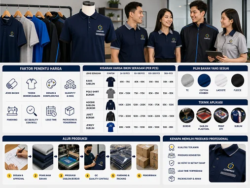Harga Bikin Seragam 2026: Checklist Estimasi untuk Perusahaan — Harga bikin seragam dipengaruhi jenis produk, bahan, quantity, teknik produksi, dan timeline. Panduan ini membantu ti…
