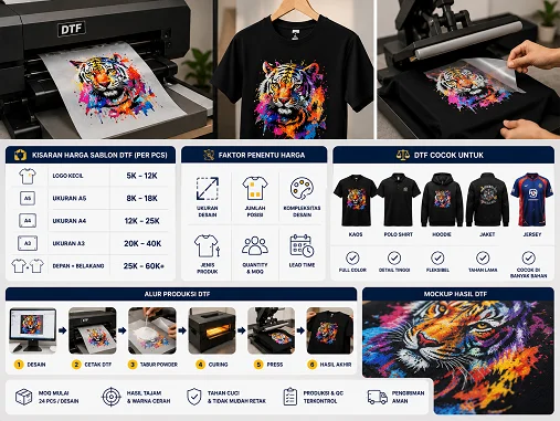 Harga Sablon DTF 2026: Cara Menghitung Biaya untuk Kaos & Seragam — Harga sablon DTF dipengaruhi ukuran desain, jumlah posisi cetak, bahan, quantity, dan timeline produksi. Panduan ini …