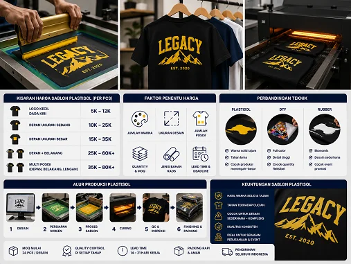 Harga Sablon Plastisol 2026: Faktor Biaya, MOQ & Simulasi Order — Harga sablon plastisol dipengaruhi ukuran desain, jumlah warna, quantity, bahan, dan timeline produksi. Panduan ini m…