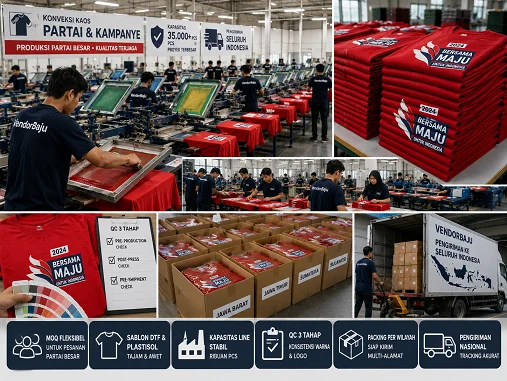 Konveksi Kaos Partai Besar Bandung — Volume Ribuan Pcs & Pengiriman Nasional — Panduan order konveksi kaos partai besar di Bandung: MOQ kampanye, kapasitas ribuan pcs, harga grosir, QC konsistensi…