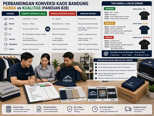 Perbandingan Konveksi Kaos Bandung — Harga vs Kualitas (Panduan B2B) — Cara membandingkan konveksi kaos di Bandung: harga per pcs, bahan, sablon, MOQ, QC, dan timeline — checklist apple-to…