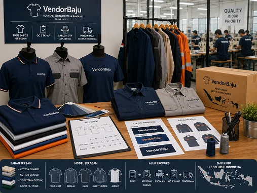 Konveksi Seragam Kerja Bandung: Panduan & Harga 2026 — Panduan lengkap konveksi seragam kerja Bandung: pilihan model (polo, kemeja, kaos), bahan terbaik, estimasi harga 202…