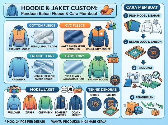 Hoodie & Jaket Custom: Panduan Bahan Fleece & Cara Bikin — Panduan lengkap membuat hoodie dan jaket custom: perbedaan bahan fleece, french terry, dan babyterry, pilihan model, …
